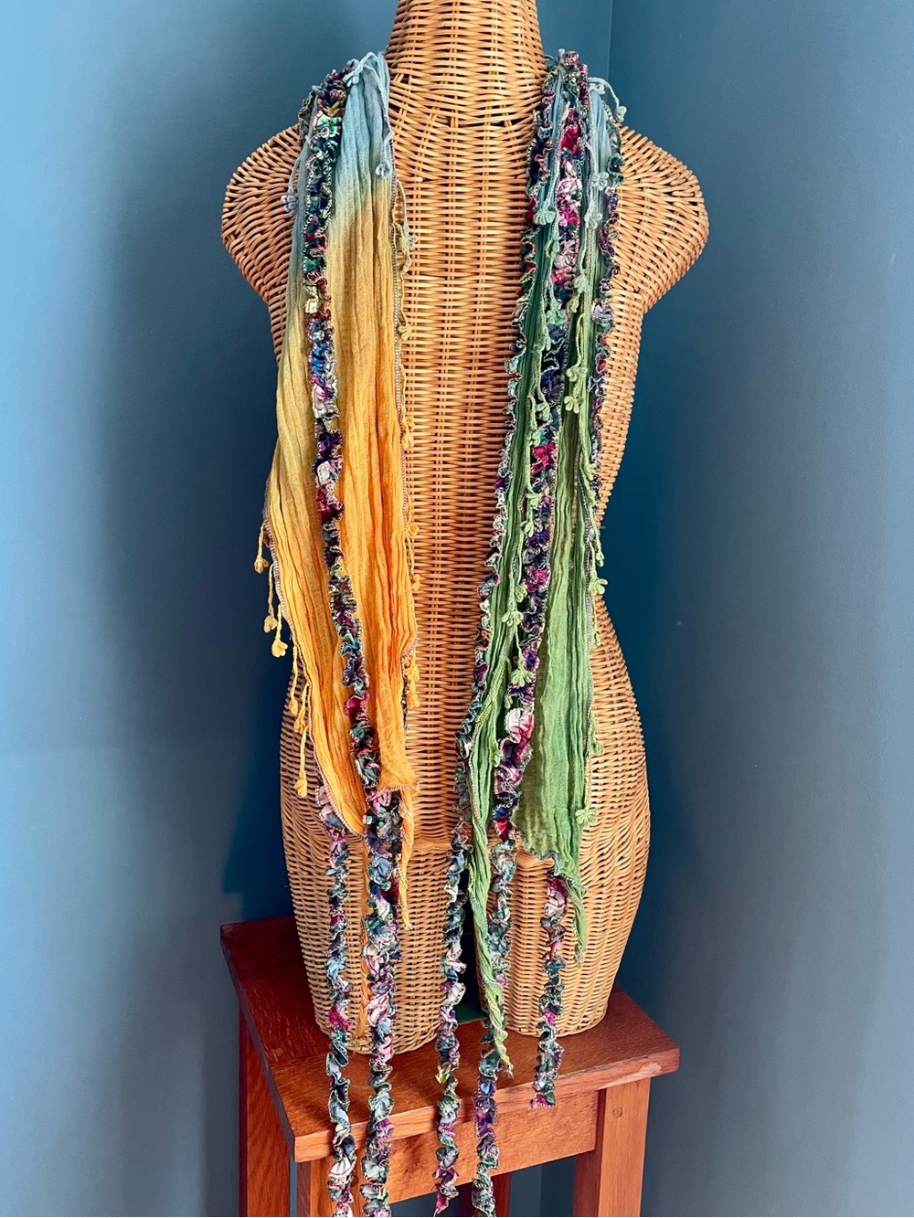 Ombré Fringed Boho Scarf Yellow Blue Green Multi Colored Floral Lace No Tags